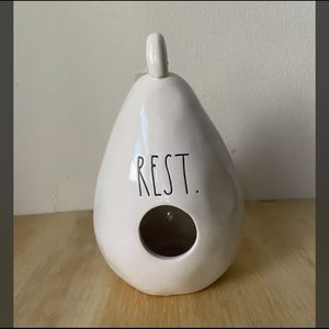 RAE DUNN By Magenta Ceramic “REST” Teardrop Birdhouse w/ Feather on Back NWT